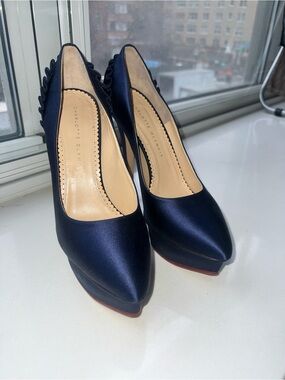 CHARLOTTE OLYMPIA PALOMA NAVY SILK SATIN PLATFORM PUMPS 39.5